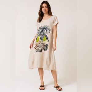 Grizas Beige Linen Art Dress Size S 100% Linen Pocket Balloon Hem Lagenlook